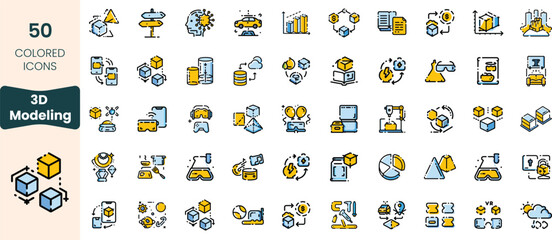 Collection of 50 colored icons representing various elements of 3D modeling, showcasing creativity and technology in design.