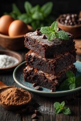 Deliciously Rich Homemade Brownies Stacked on a Plate Surrounded by Ingredients Like Eggs, Mint, Chocolate Chips, and Cocoa Powder