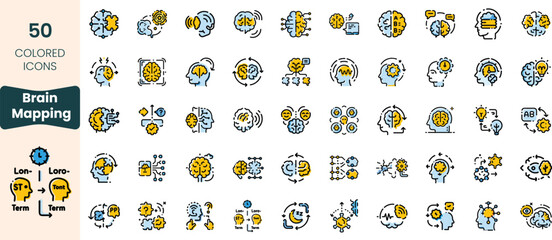 A collection of 50 colorful icons representing brain mapping concepts, including neurons, thoughts, and cognitive processes, designed for educational purposes.