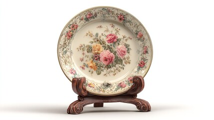 Vintage floral plate decorative display stand antique roses home decor collectible fine china wall art