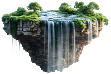 Floating islands with upside-down waterfalls, surreal ecosystem isolated on white