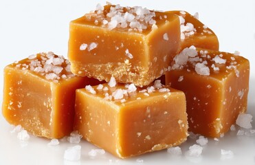 Deliciously Soft Caramel Candy Cubes Topped with Sea Salt on White Surface Perfect for Sweet Treats and Dessert Recipes