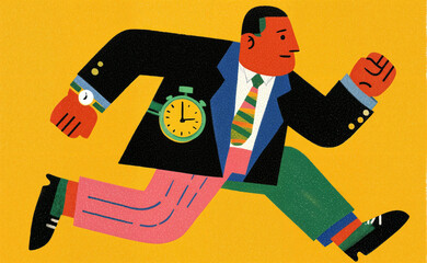 a person running. The person is wearing a suit with a stopwatch attached to their jacket and a colorful striped tie. The background is a solid yellow color.