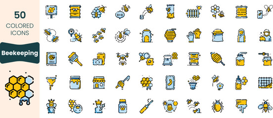 Collection of 50 colored icons depicting various aspects of beekeeping, including hives, bees, honey, and tools, showcasing the art of apiculture.