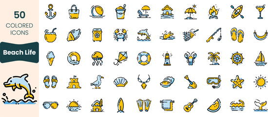 Collection of 50 beach-themed icons, featuring various elements like sun hats, surfboards, and sea creatures, all illustrated in bright colors for a fun summer vibe.