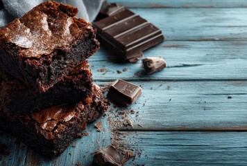 Deliciously Sweet Brownies on Rustic Blue Wooden Surface with Dark Chocolate Chunks and Crumbly Texture Ready for Indulgence and Enjoyment