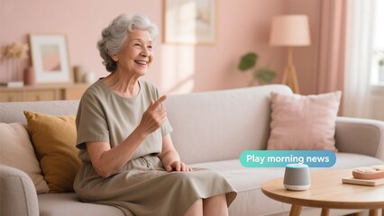 woman, sitting on sofa, relaxing, morning news, pink decor, cozy, comfortable, photorealistic