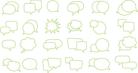 Set of Green Outline Speech and Thought Bubbles for Communication, Vector Collection of Blank Chat Boxes for Dialogue and Interaction, Design Elements: Variety of Empty Message Bubbles for Web.