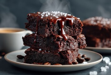 Deliciously Warm Brownies Topped With Drizzling Chocolate Sauce And Sea Salt, Perfect For Dessert Lovers And Chocolate Enthusiasts On Cozy Evenings