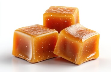 Delightful caramels arranged artistically on a white background showcasing their glossy finish and rich amber color, ideal for sweet treat promotions