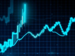 Naklejka premium Glowing candlestick chart over dark abstract tech interface background – clean futuristic financial concept with no text or numbers, ideal for business, investment, and stock market visualizations