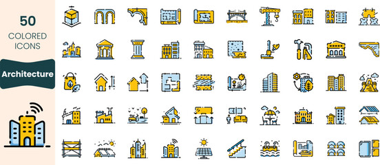 Collection of 50 colored architecture icons showcasing various structures, including buildings, bridges, and urban landmarks in a modern style.