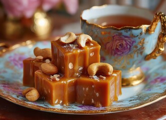 Delightful Caramel Squares with Cashews Served on Vintage Plate Alongside a Decorative Teacup of Warm Tea