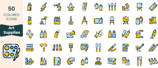 Collection of 50 art supplies icons, featuring various tools and materials for creativity, set against a clean white background. Ideal for artistic themes.