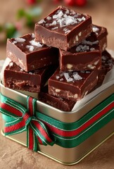 Delightful Dark Chocolate Fudge with Nuts and Sea Salt in Festive Gift Tin for Holiday Celebrations and Sweet Treats