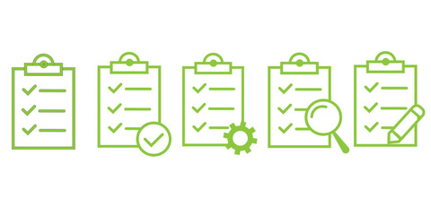 Set of Green Checklist Icons for Task Management and Productivity, Business Workflow Concepts: To-Do Lists with Check marks and Tools, Vector Graphics of Project Completion and Organizational Process.