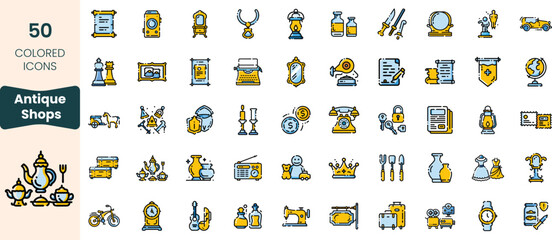 A collection of 50 colorful icons representing antique shop items, showcasing decorative pieces, vintage tools, and memorabilia in a vibrant design.