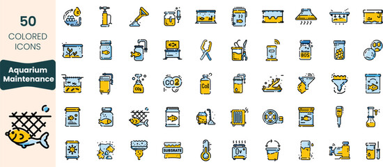 Collection of 50 colored icons representing aquarium maintenance tools and supplies, highlighting various tasks and equipment for fish care.