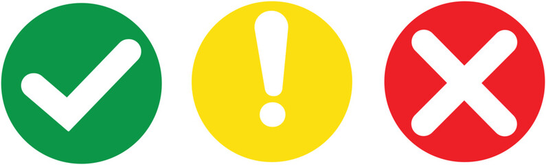 Set of Green Check mark, Yellow Exclamation, Red Cross Icons, Approval, Warning, and Error Symbols for Web and UI Design, Traffic Light Style: Correct, Caution, and Incorrect Indicator Buttons.