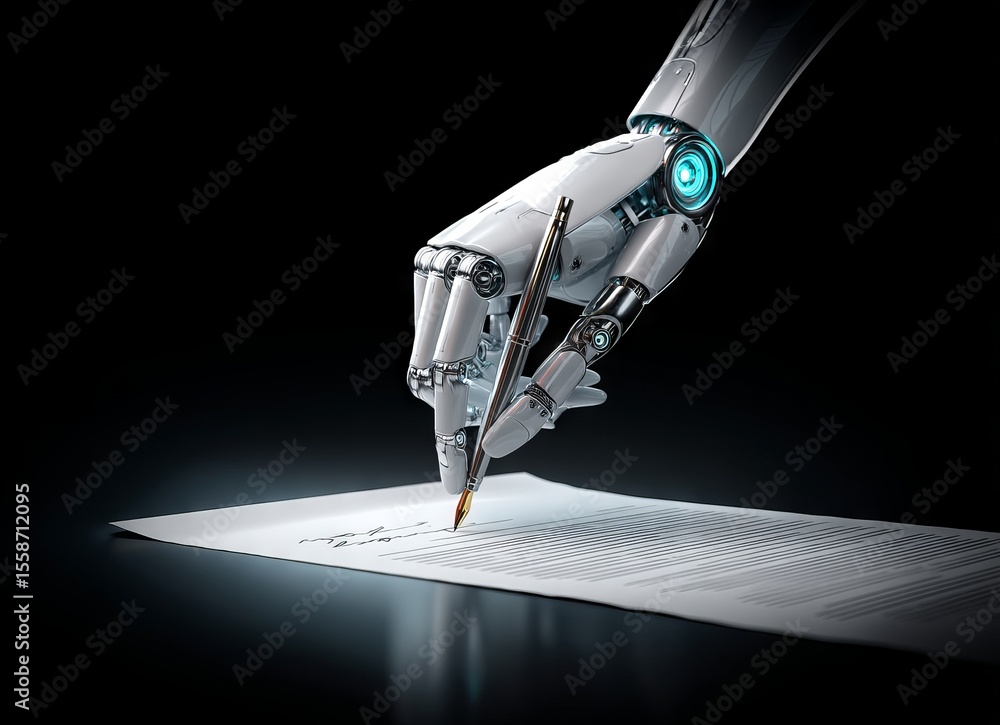 Poster a dark background serves as the setting for a metallic robotic arm with a futuristic design, which i