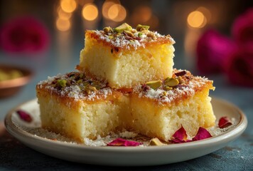 Delightful Sweets with Rose Petals and Pistachio on a Decorative Plate Surrounded by Warm Bokeh Lights for Festive Celebrations