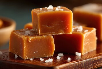 Detail of Creamy Caramel Squares with Sea Salt on Wooden Serving Board Captured in Warm Lighting for Delicious Dessert Inspiration