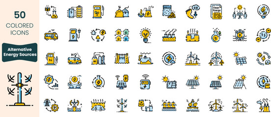 Collection of 50 alternative energy source icons showcasing eco-friendly technologies and renewable resources, ideal for sustainability themes.