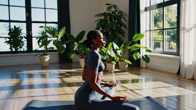 Woman sits cross legged meditating in bright peaceful space embodying mindfulness calm self care clarity serenity and balanced positive energy inner harmony
