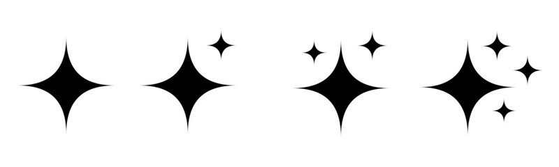 Minimalist black starburst sparkle vector icons set for festive glitter design, magical twinkle highlights
