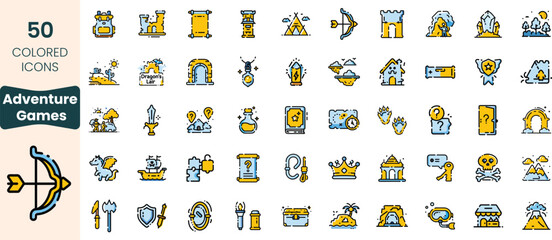 A colorful collection of 50 adventure-themed icons featuring castles, weapons, treasures, and mythical elements, ideal for gaming and fantasy designs.