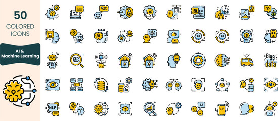 Collection of 50 colored icons representing AI and machine learning, featuring tech-related symbols like networks, data storage, and automation.