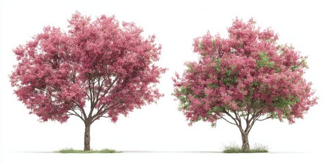 Obraz premium Two flowering trees, one fully pink, the other showing hints of green amidst pink blossoms, set against a white background