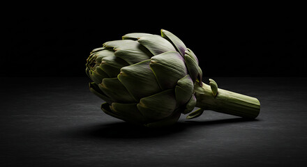 Fototapeta premium Fresh Green Artichoke with Textured Leaves and Stem on Dark Surface 2.