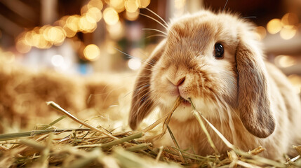 Realistic close-up of a rabbit eating fresh hay in clean pet store enclosure with soft fur detail and cozy warm lighting