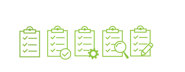 Set of Green Checklist Icons for Task Management and Productivity, Business Workflow Concepts: To-Do Lists with Check marks and Tools, Vector Graphics of Project Completion and Organizational Process.