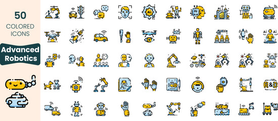 Collection of 50 colored icons representing advanced robotics, showcasing various robotic technologies, automation, and artificial intelligence concepts.