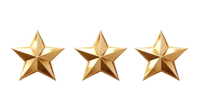 Pack Collection Three Gold Stars Award Rank Achievement Excellence Luxury Icon Decoration set against transparent background
