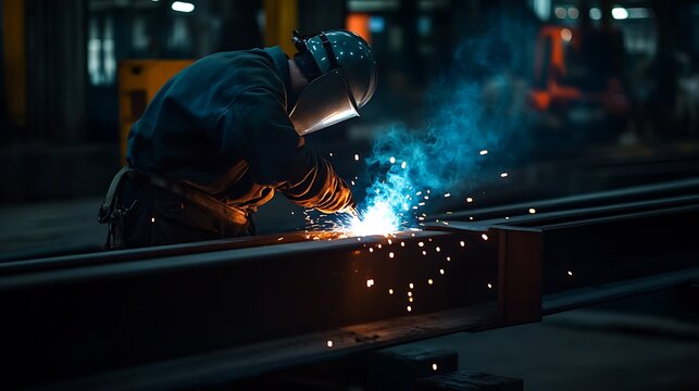 Focused worker welding steel beams at construction site with dramatic lighting and branding space