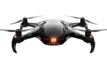 Futuristic drone hovering with propellers in motion compact aerial gadget isolated on white background