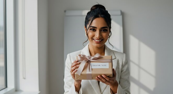 Smiling woman in a white blazer holds a gift box with a "Thank You" tag.