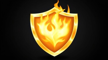 Fiery shield graphic, gold, flames