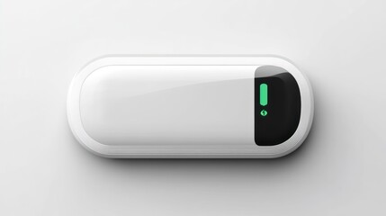 White oval device with glowing green exclamation mark