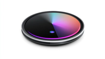 Round, black electronic device with colorful gradient display
