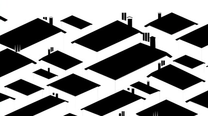 Isometric black silhouettes of many houses on a white background