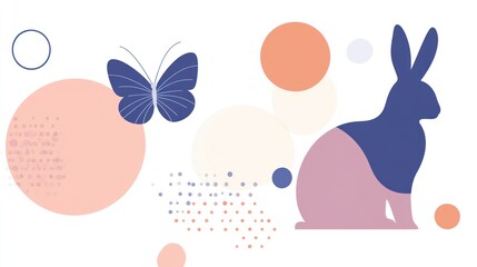 Abstract graphic design with a rabbit, butterfly, and circles. Soft color palette