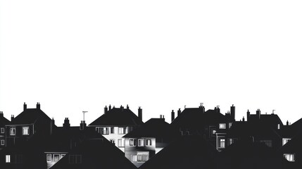 Black and white silhouette of rooftops and houses