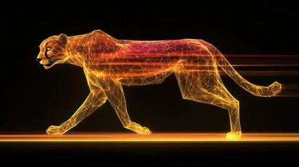 Abstract cheetah, polygonal, glowing, motion blur, dark background