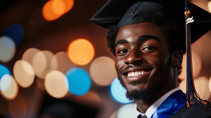 Graduate smiles brightly during commencement ceremony at evening celebration filled with colorful lights