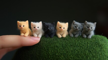 Five tiny kittens of varied colors on a hand, atop miniature grass