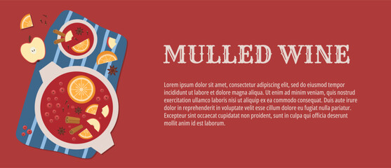 Mulled Wine Template. Horizontal Banner with Hot Wine and Spices. 